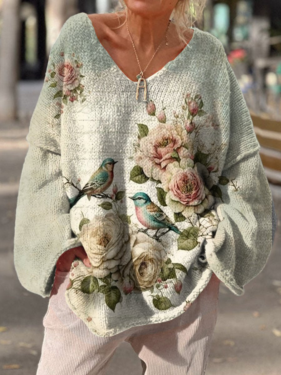 Women's Retro Flowers and Birds Pattern Casual V Neck Pullover Sweater