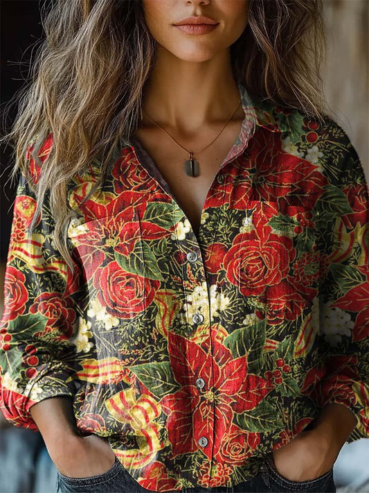 Women's Vintage Lovely Floral Art Print Casual Long Sleeve Comfortable Cotton Shirt