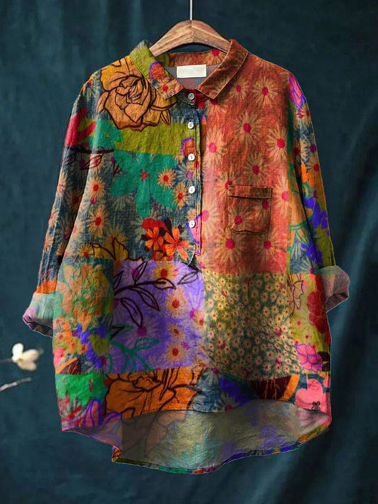 Women's Vintage Floral Patchwork Print Cotton And Linen Shirt