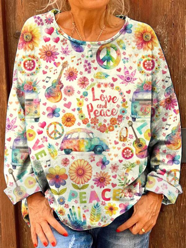 Women's Retro Hippie Peace Love Print Casual Sweatshirt