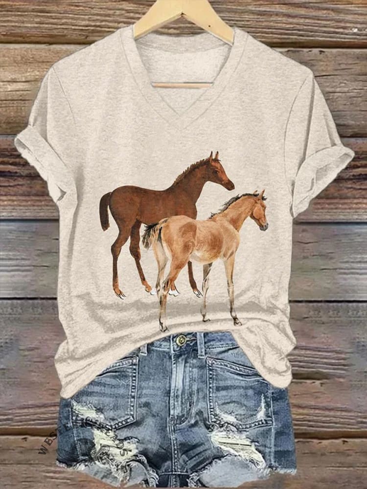 Western Horse Pattern Print V Neck Comfy Casual  T-shirt