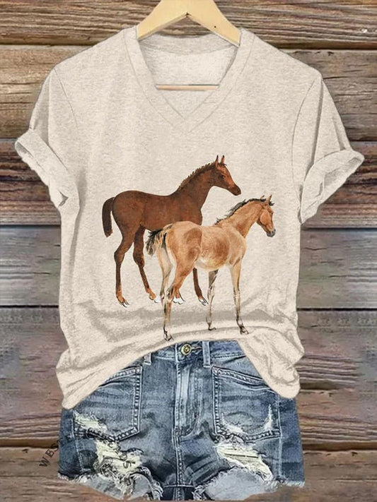 Western Horse Pattern Print V Neck Comfy Casual  T-shirt