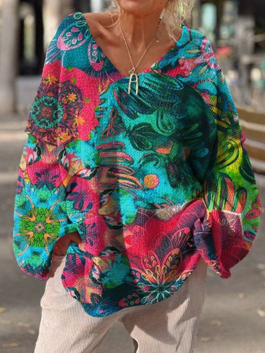 Women's Multi-colored Vintage Flowers Design Casual Pullover Sweater