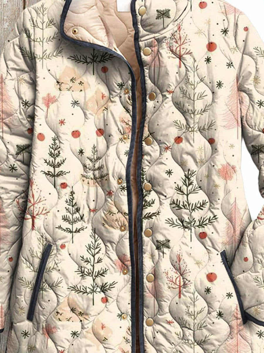 Women's Lovely Floral Winter Art Print Casual Quilted Coat Cardigan