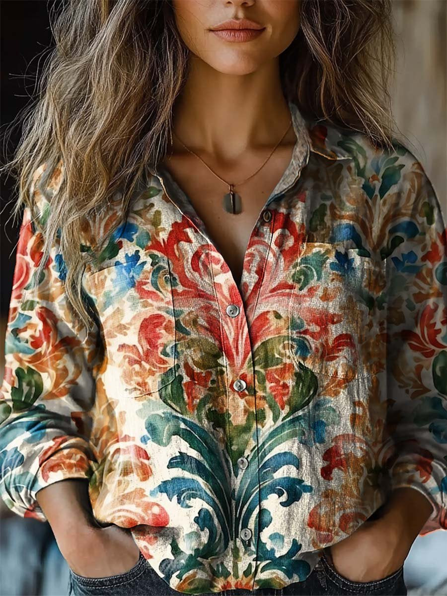 Women's Vintage Lovely Floral Art Print Casual Long Sleeve Comfortable Cotton Shirt