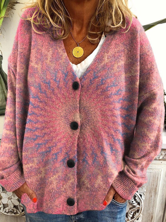 Retro Kaleidoscope Tie Dye Print Buttoned V-neck Cardigan Sweater