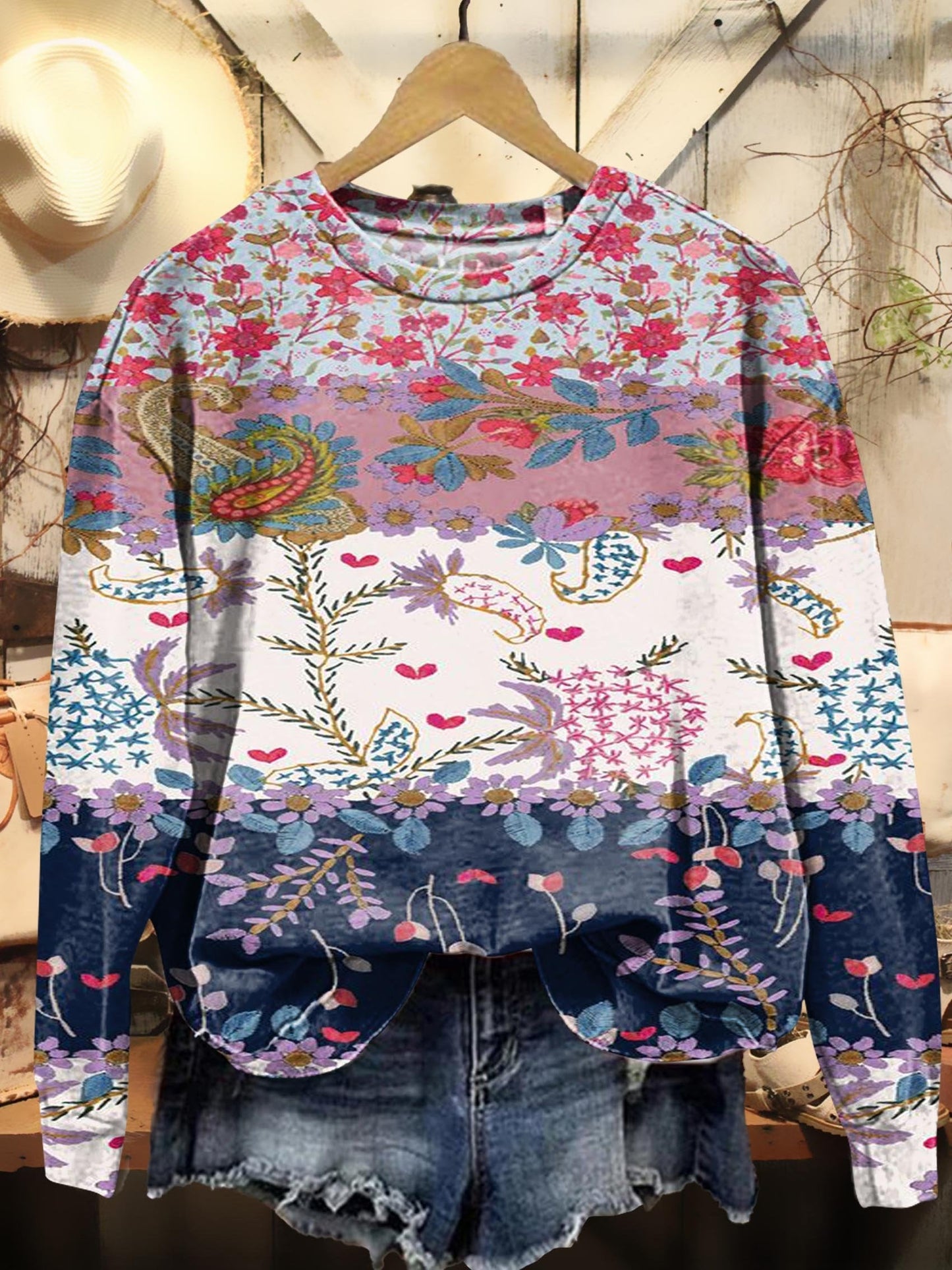 Retro Stripes Flower Print Casual Sweatshirt