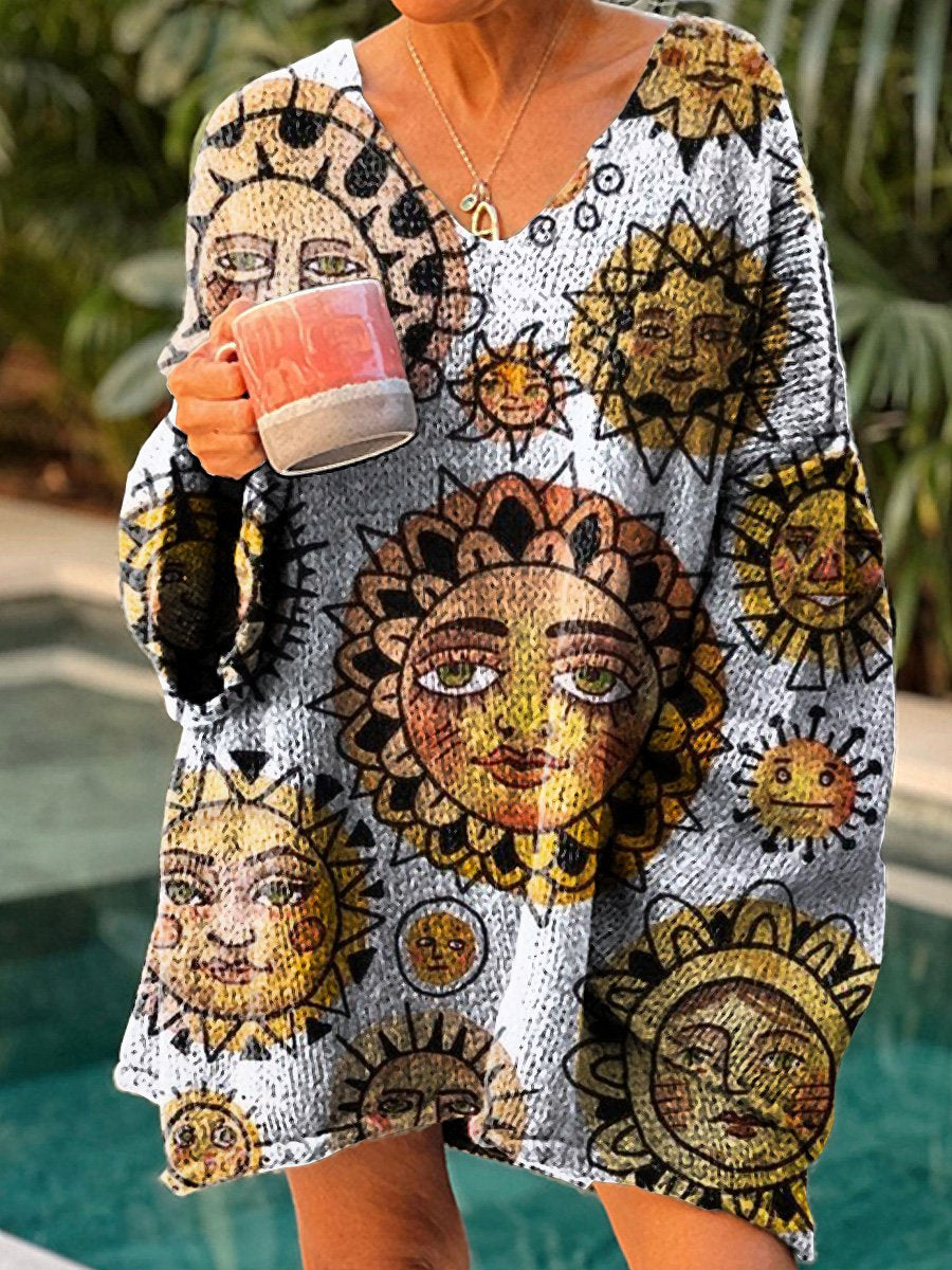 Women's Vintage Hippie Hand Drawn Sun Illustration Art Print Casual Pullover Sweater