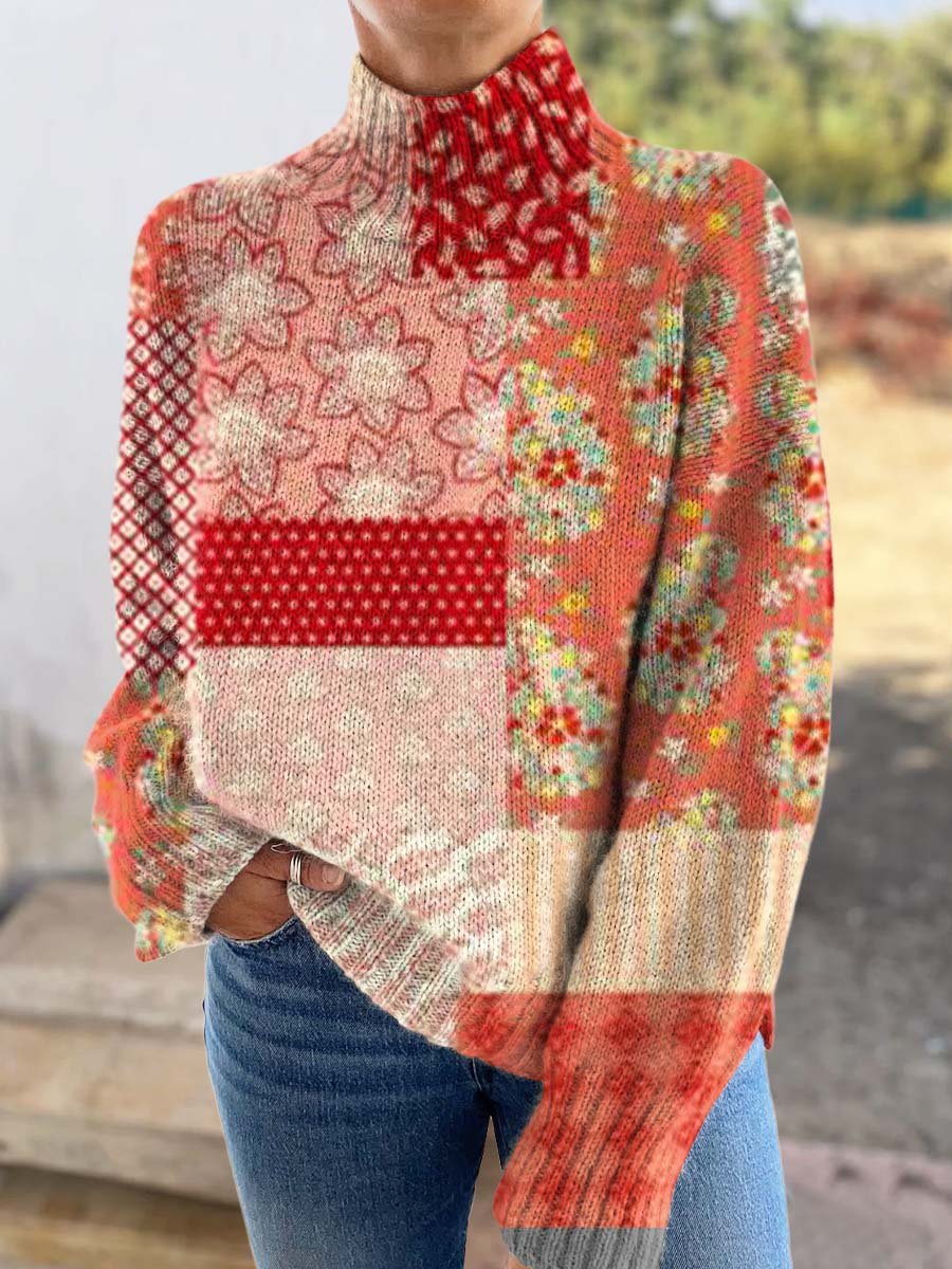 Women's Floral Patchwork Art Print Knitted Turtleneck Sweater