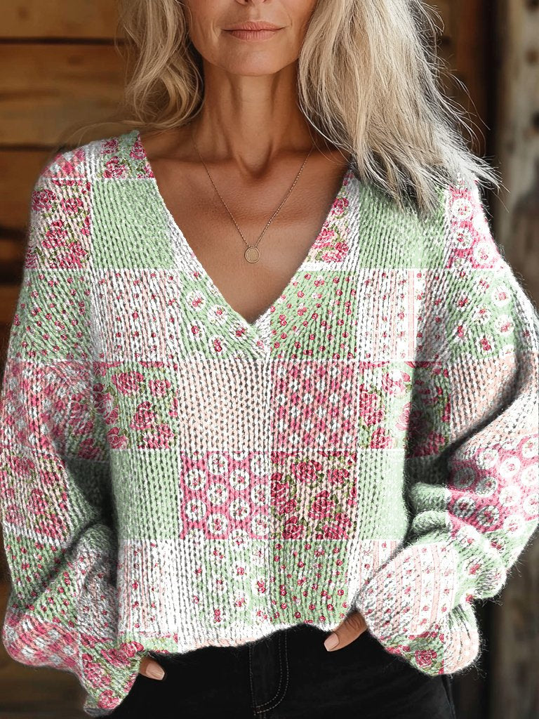 Women's Floral Patchwork Print Casual V-neck Pullover Knit