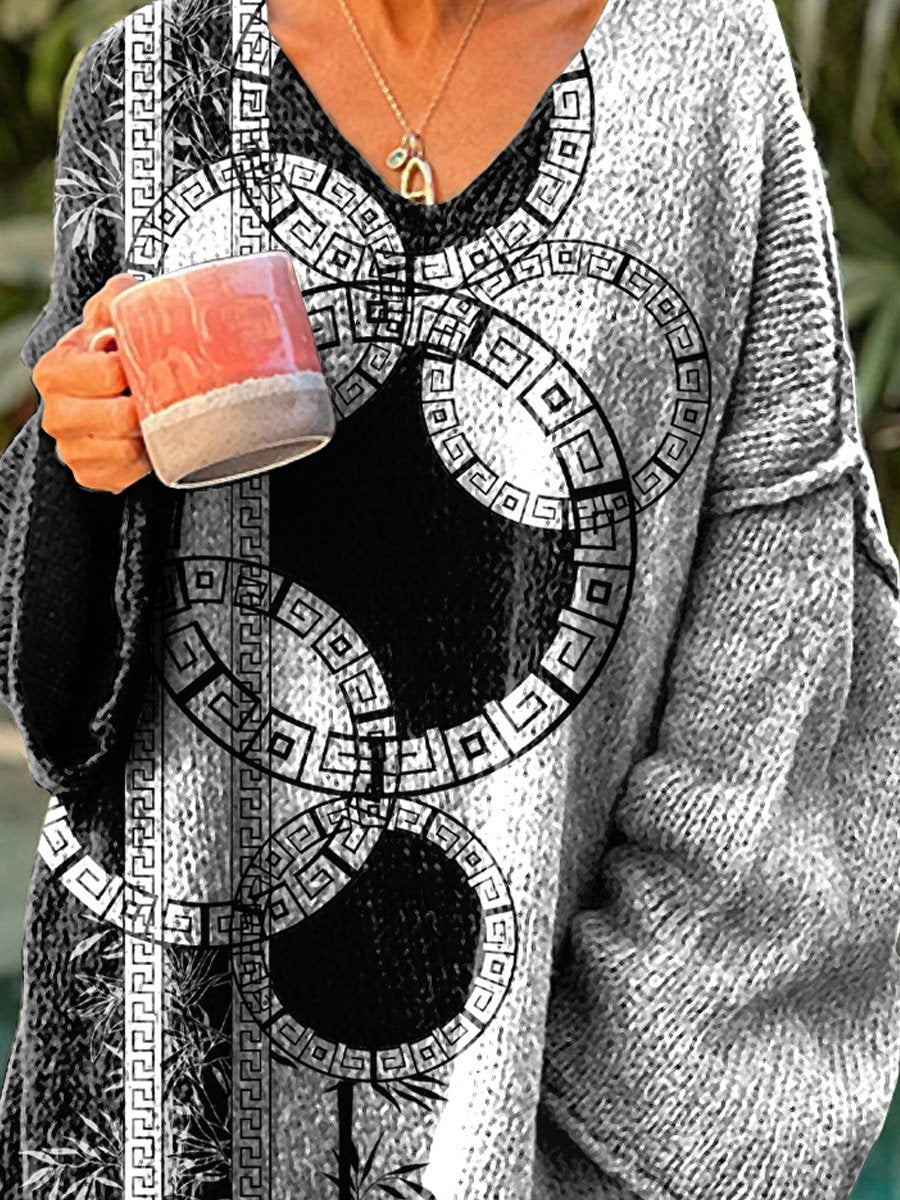 Black And White Bamboo Art Printed Women's Casual Pullover Sweater