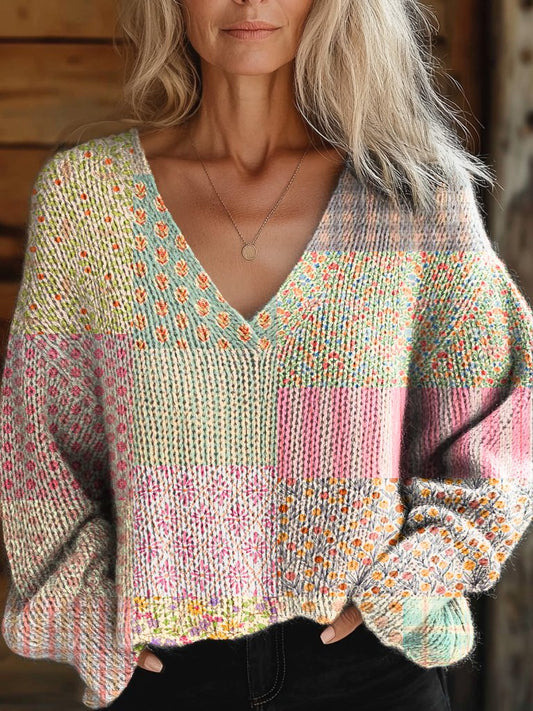 Women's Floral Patchwork Print Casual V-neck Pullover Knit