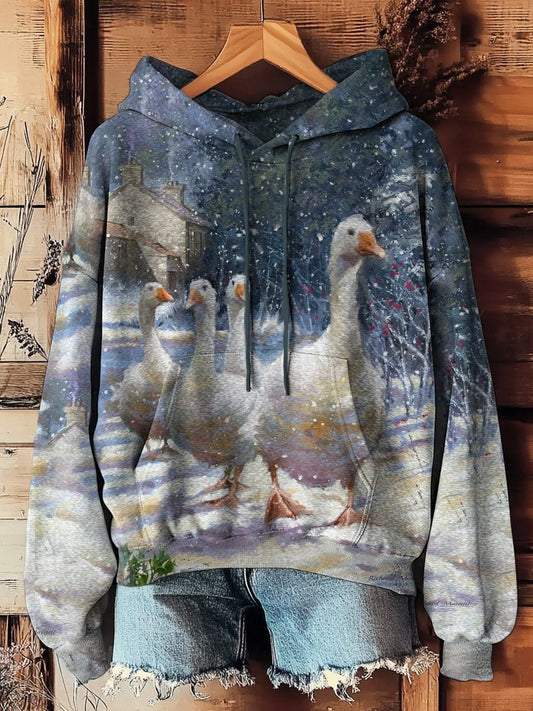 Women's Winter Goose Print Casual Pocket Hooded Sweatshirt