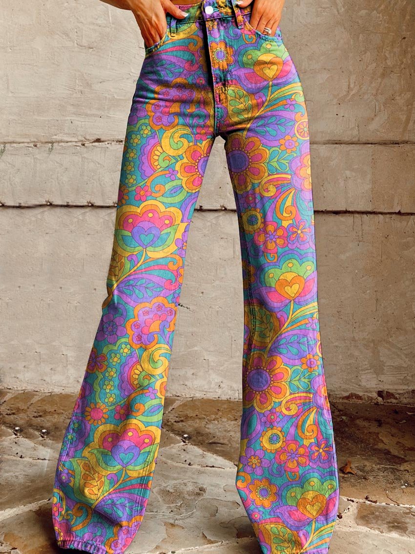 Women's Colored Flowers Hippie Print Casual Wide Leg Pants