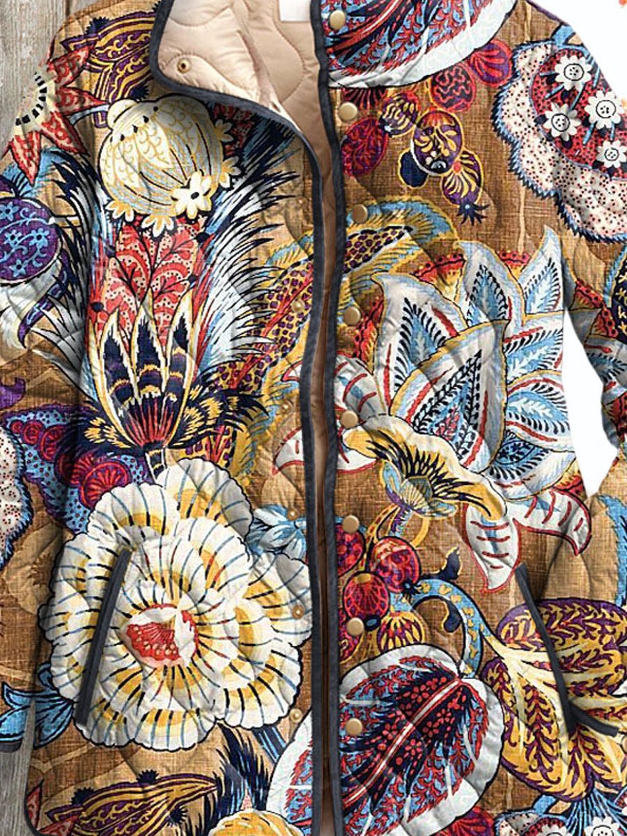 Women's Vintage Floral Art Print Casual Quilted Coat Cardigan