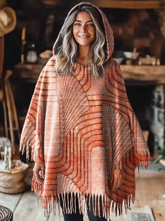 Women's Geometric Art Pattern Knitted Blanket Poncho Hood Cape