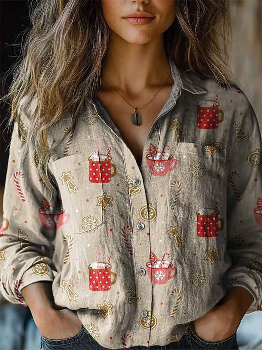 Christmas Biscuit And Hot Chocolate Pattern Printed Women's Casual Long Sleeve Comfortable Cotton Shirt