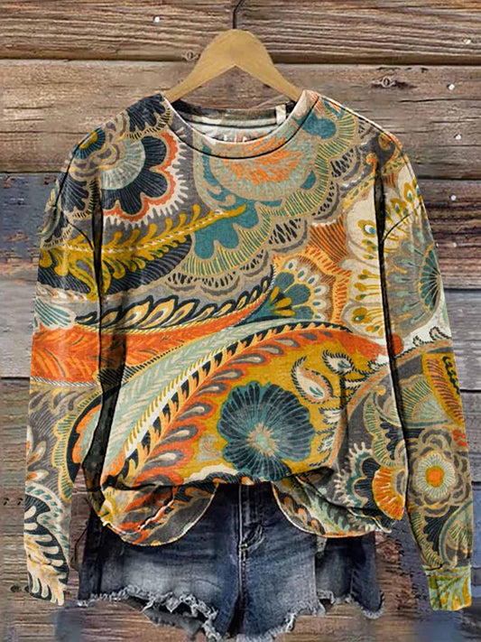 Women's Vintage Bohemian Ethnic Floral Art Print Casual Sweatshirt