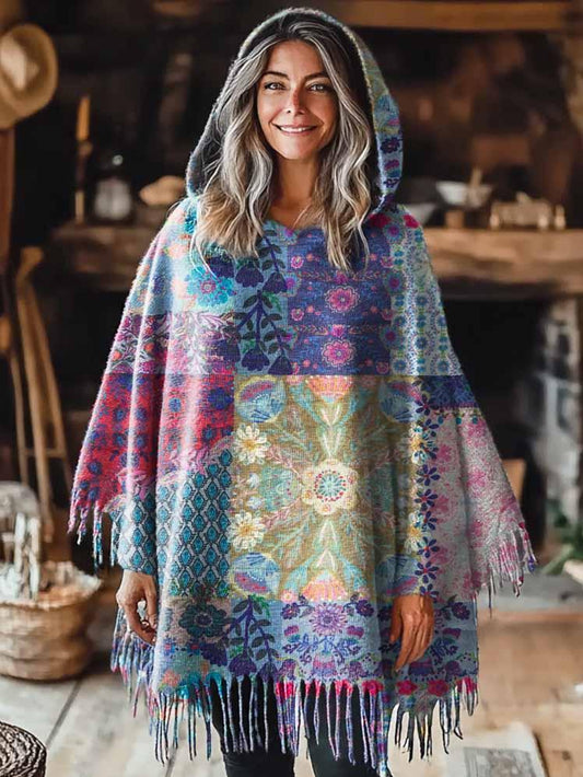 Women's Patchwork Flower Art Pattern Casual Knitted Blanket Poncho Hood Cape