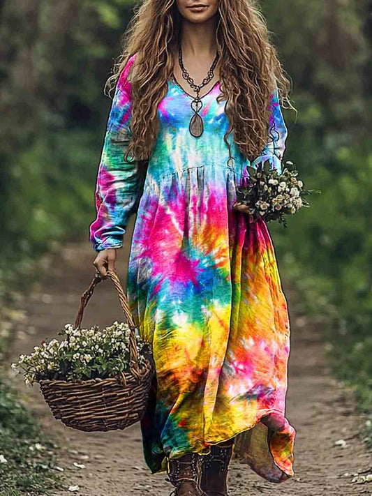 Women's Colorful Tie Dye Art Print Pocket Cotton Dress