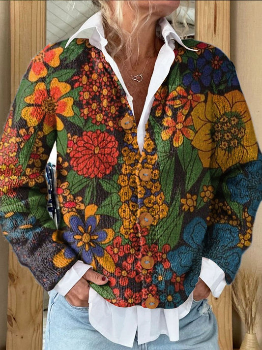 Women's Bright Leaf and Floral Art Print Button Cardigan