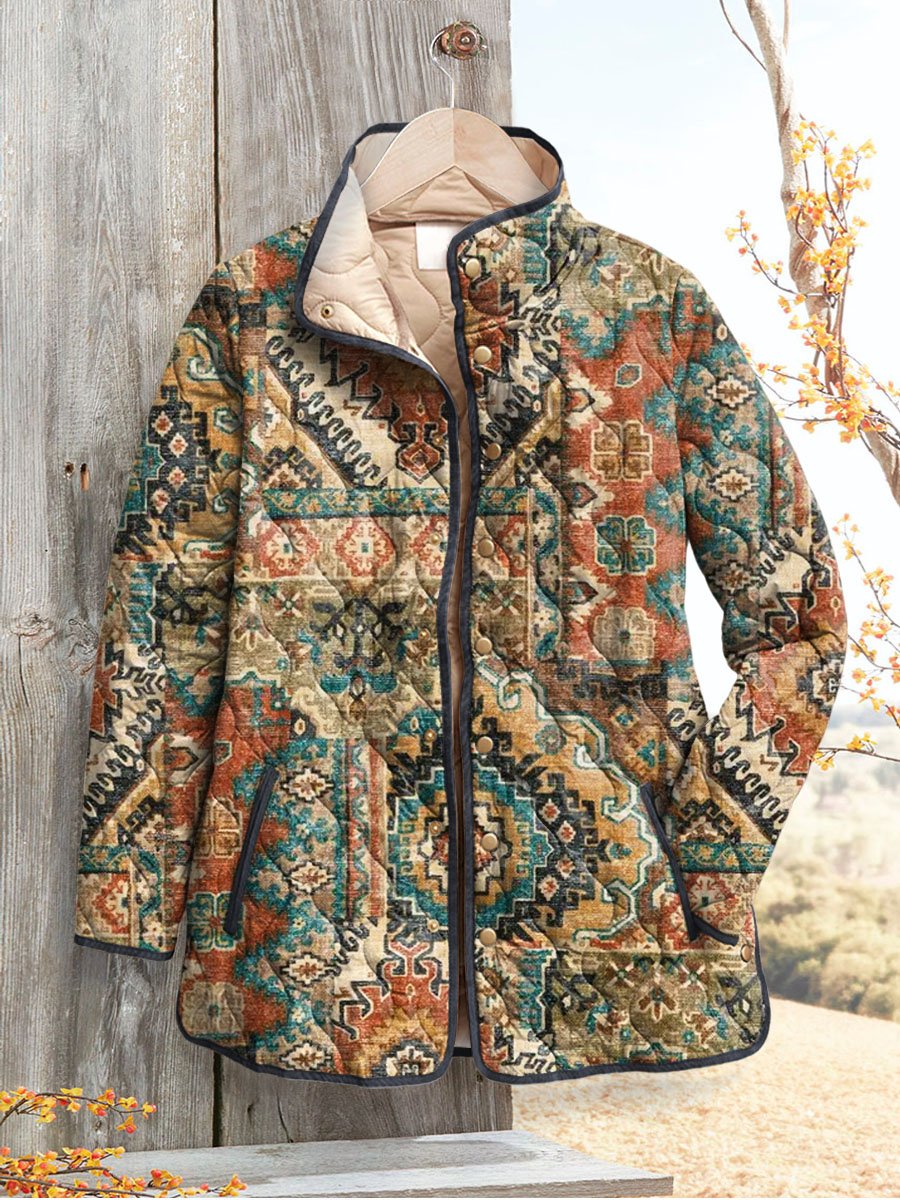 Women's Vintage Ethnic Pattern Art Print Casual Quilted Coat Cardigan