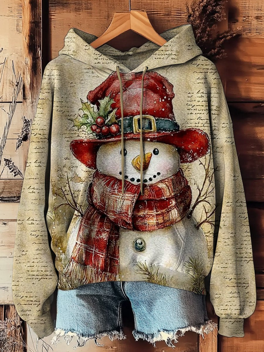 Women's Christmas Snowman Print Casual Pocket Hooded Sweatshirt