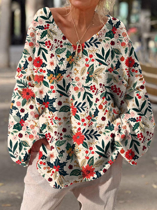 Women's Vintage Christmas Fruit Flower Pattern Art Print Casual Pullover Sweater