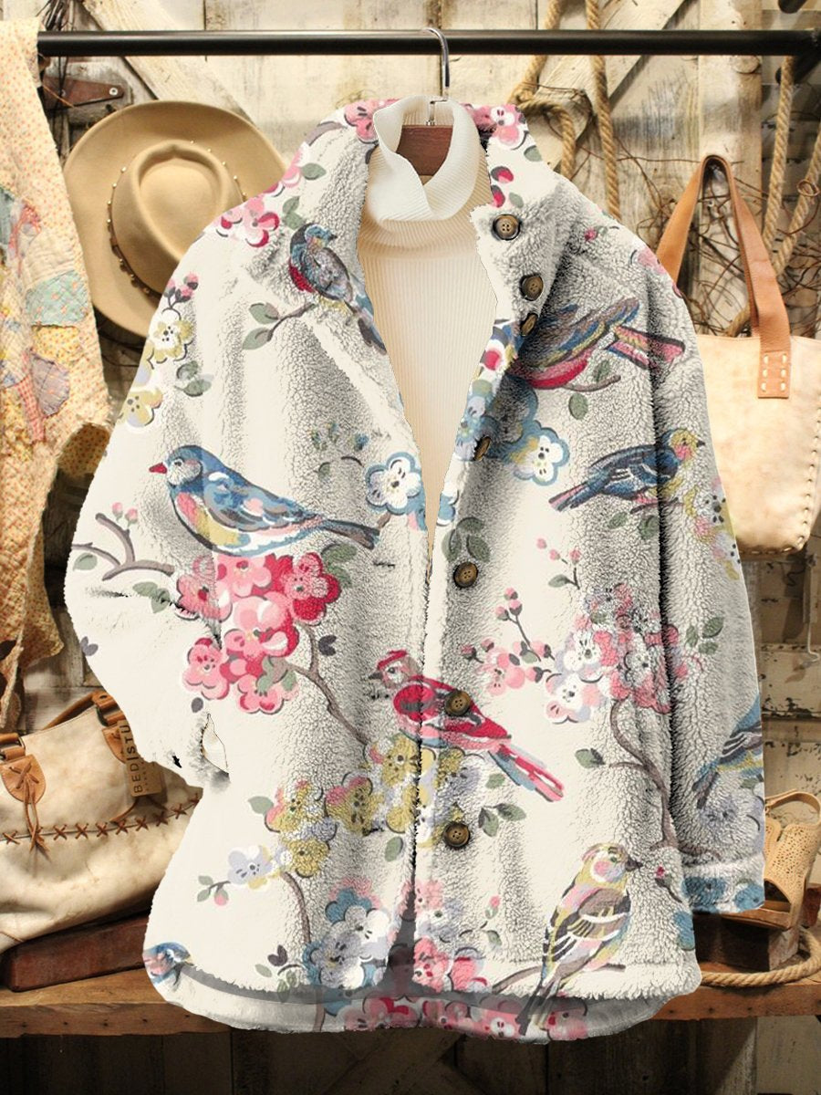 Women's Vintage Floral Bird Casual Sherpa Coat Cardigan