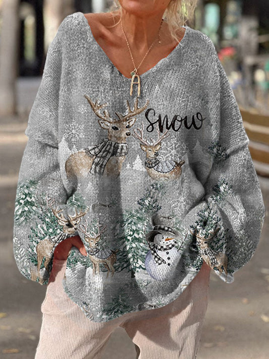 Women's Christmas Elk Art Print Casual Pullover Sweater