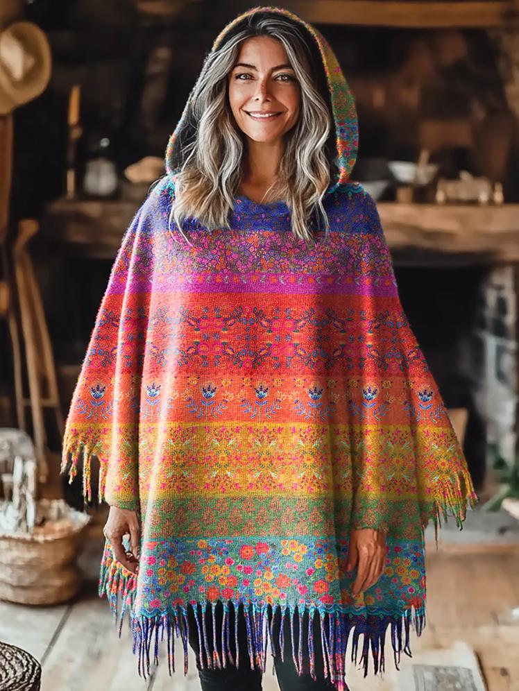 Women's Colorful Striped Flowers Print Casual Knitted Blanket Poncho Hood Cape