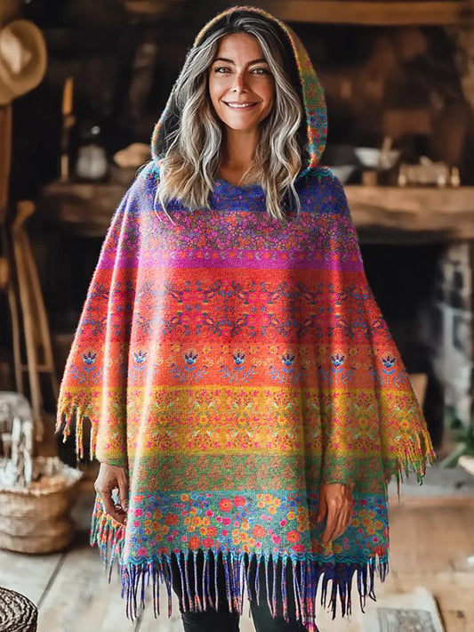 Women's Colorful Striped Flowers Print Casual Knitted Blanket Poncho Hood Cape