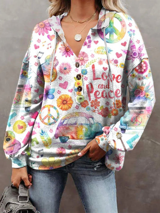 Women's Vintage Peace Love Print Casual Loose Hoodie Sweatshirt