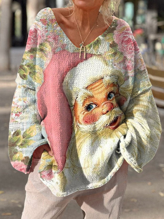 Women's Retro Cute Santa Claus Pattern Casual V Neck Pullover Sweater