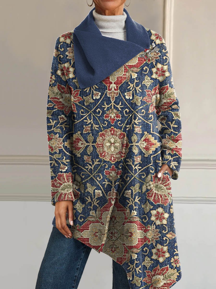 Women's Vintage Lovely Floral Art Print Casual Asymmetrical Coat