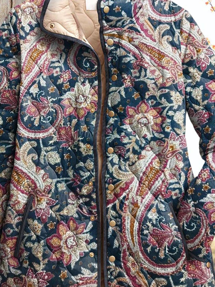 Women's Vintage Ethnic Floral Art Print Casual Quilted Coat Cardigan