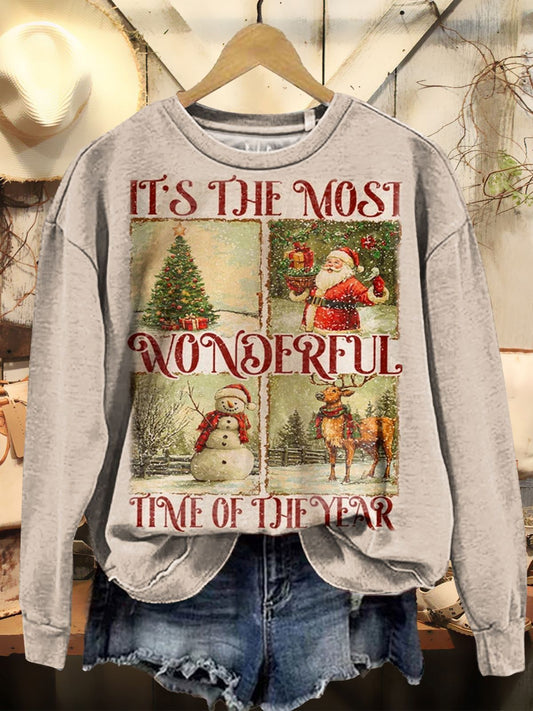 Retro Christmas Print Casual Crew Neck Sweatshirt