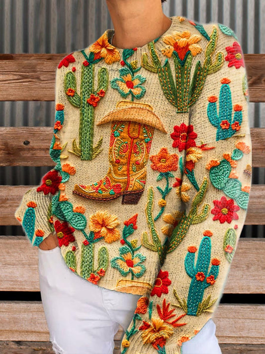 Cactus Print Knit Pullover Sweater