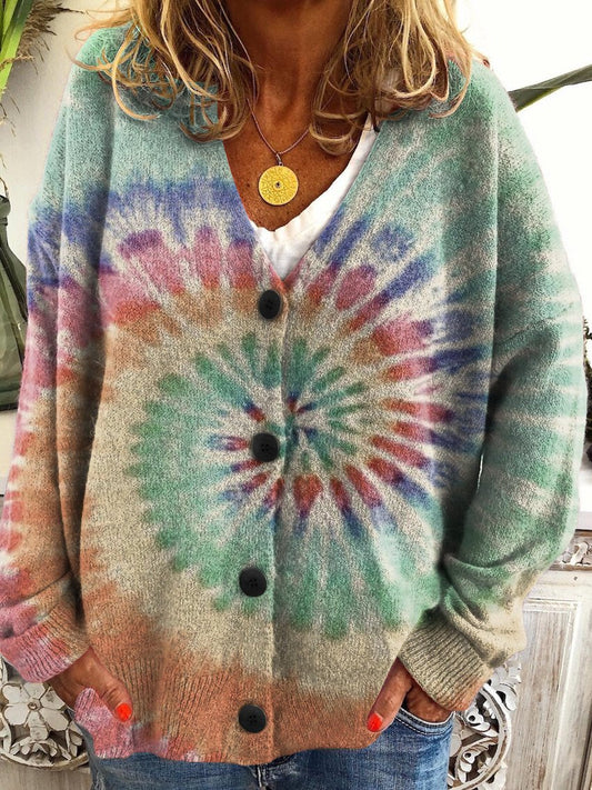 Retro Tie Dye Print Buttoned V-neck Cardigan Sweater