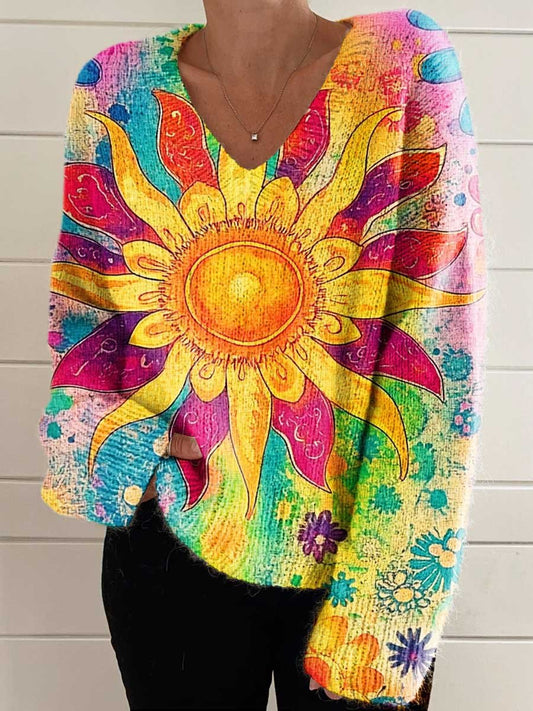 Women's Vintage Hippie Art Colorful Flowers Casual V-neck Pullover Knit