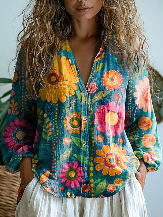 Women's Bohemian Colorful Floral Pattern Long Sleeve Comfortable Cotton Shirt