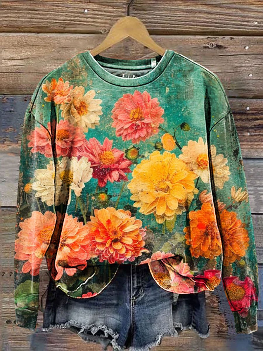 Vintage Floral Art Print Casual Sweatshirt