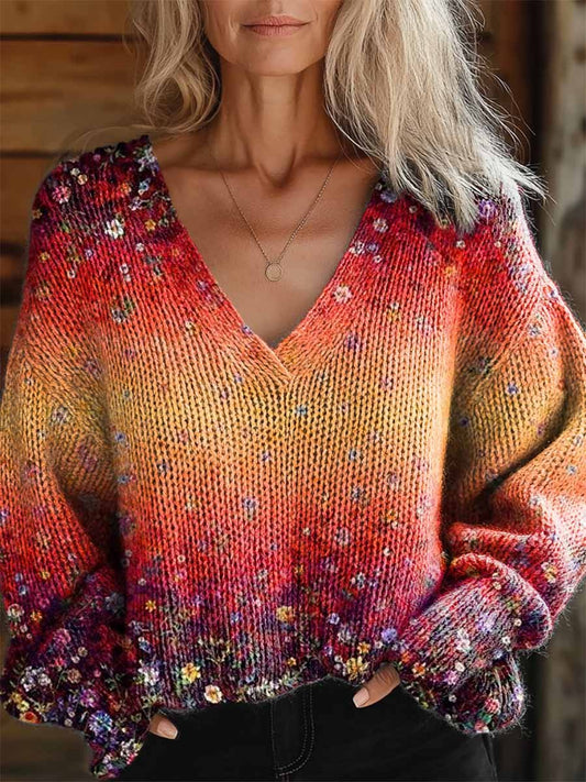 Women's Gradient Flowers Art Pattern Casual V-Neck Knit Sweater