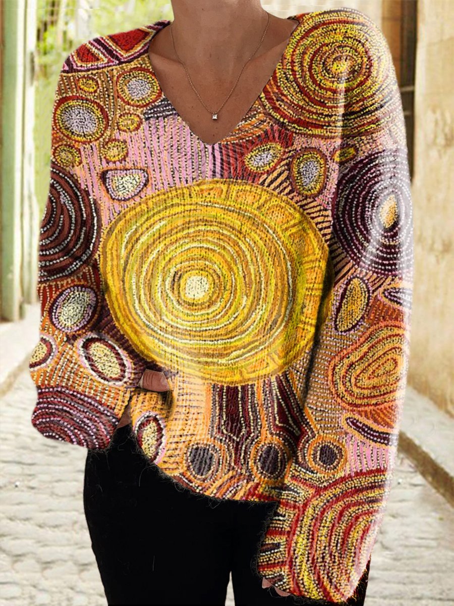 Women's Circle Art Print Casual V-Neck Pullover