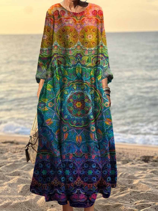 Women's Gradient Color Mandala Art Print Pocket Cotton Dress