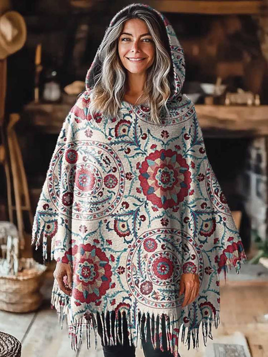 Women's Vintage Mandala Pattern Casual Knitted Blanket Poncho Hood Cape