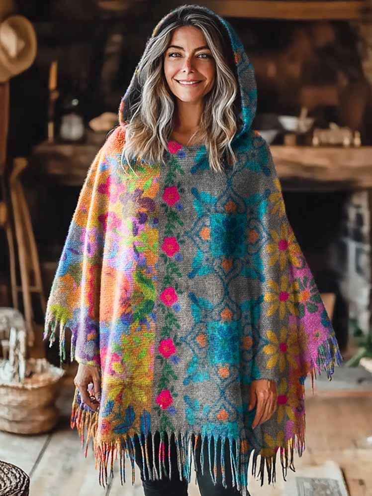 Women's Patchwork Flowers Art Pattern Casual Knitted Blanket Poncho Hood Cape