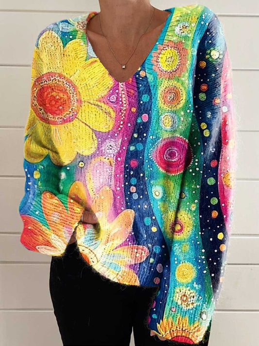 Women's Vintage Hippie Art Colorful Flowers Casual V-neck Pullover Knit