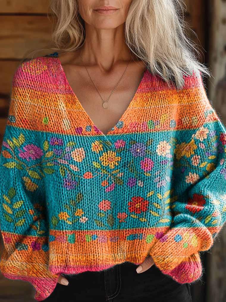 Women's Colorful Hippie Floral Power Art Casual V-Neck Knit Sweater