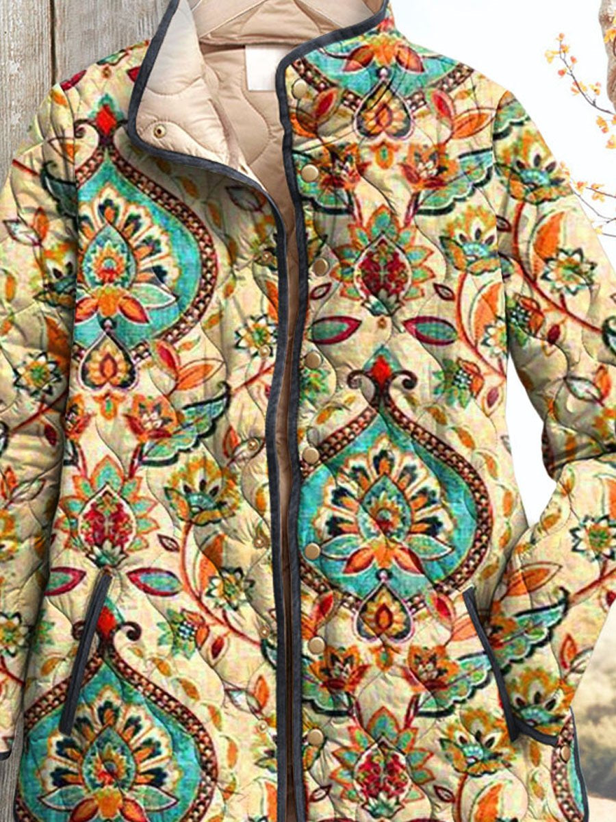 Women's Vintage Lovely Floral Art Print Casual Quilted Coat Cardigan